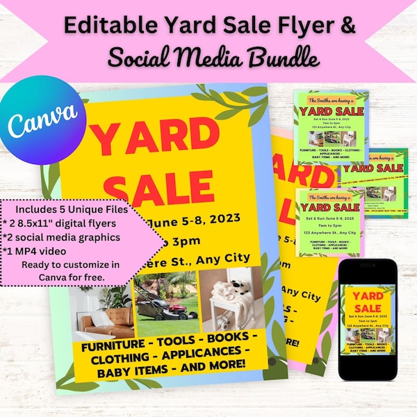 Editable and Printable Yard Sale Flyer and Social Media Template Bundle, Instant Download, Spring and Summer Garage Sale Canva Announcement