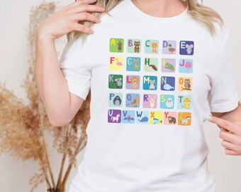 Camiseta de animais do alfabeto, camisa ABC, camiseta do alfabeto de animais, camisa do professor Kingergarten, camisa do alfabeto para professores, professor pré-escolar