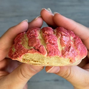 May include: A pink and white concha, a traditional Mexican sweet bread, with a shiny, slightly iridescent finish.