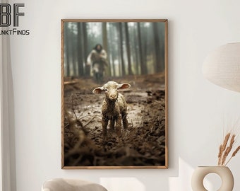 Jesus and Lamb DIGITAL Download, Jesus Running After Lost Lamb God Poster Print, Jesus Printable  Art Jesus Leaves the 99, Bible Art