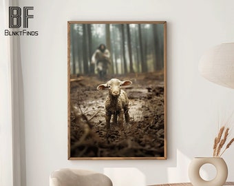Lost Lamb Art DIGITAL Download File, Jesus Running After a Lost Lamb, Jesus Lamb of God, Jesus and Lamb No Words, Loss Sheep with Jesus