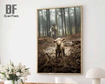 Jesus Leaves The 99 DIGITAL Download File, Jesus Running After a Lost Lamb, Parable of The Lost Sheep, Good Shepherd, Loss Sheep with Jesus