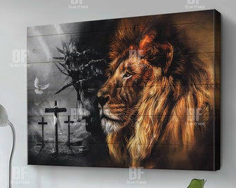 Lion and Jesus art painting, Lion and Lamb art Canvas, Lion of Judah Light sunset, Lamb of God Canvas - Christian Wall Art 66