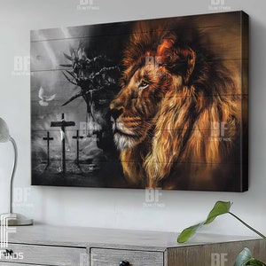 Lion and Jesus art painting, Lion and Lamb art Canvas, Lion of Judah Light sunset, Lamb of God Canvas - Christian Wall Art 66