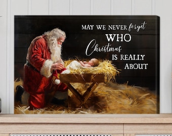 Every Knee Shall Bow Christmas Canvas, Santa and Baby Jesus Scene, True Meaning of Christmas Wall Art, Spiritual Decor 2025