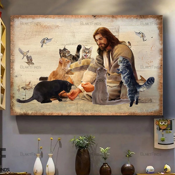 Jesus hug Cats Canvas, Tranquil farm art, Cats with Jesus painting,  God Canvas, Jesus Canvas - Christian Wall Art 210