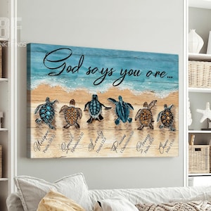 May include: A canvas print with a blue and brown wooden background featuring a line of sea turtles with inspirational quotes and bible verses. The text reads "God says you are... Unique, Special, Lovely, Precious, Strong, Chosen".