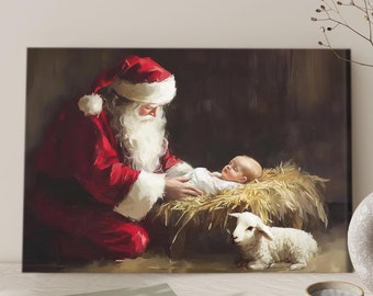 Santa and Baby Jesus Canvas, Christmas Nativity Wall Art, Santa Kneeling by the Manger, Vintage Holiday Decor, Christian Christmas Artwork