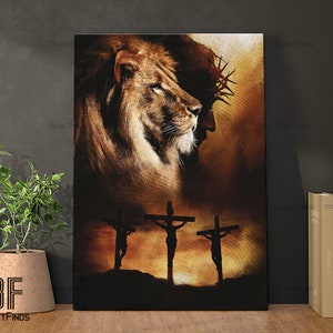 Lion of Judah, Jesus and Lion art painting, 3 Crosses under God Art, God Canvas, Jesus Canvas - Christian Wall Art 214
