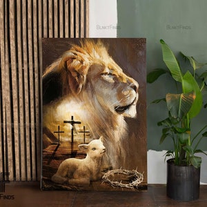 Lion of Judah canvas, Lamb of God Canvas, Three rugged crosses Painting, God Canvas, Jesus Canvas - Christian Wall Art 94