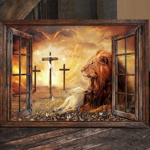 Lion of Judah canvas, Lamb of God Canvas, Three rugged crosses Painting, God Canvas, Jesus Canvas - Christian Wall Art 94