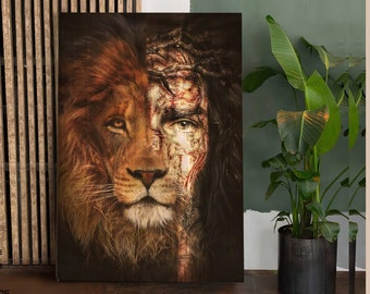 The Lion Of Judah Perfect Combination Canvas Lion and Jesus Christ Wall Art, Christian Home Decor, God Lover Jesus Picture 218