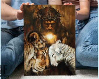 Jesus painting, Lion and lamb, Cross symbol, Beautiful night, God Canvas, Jesus Canvas - Christian Wall Art 233