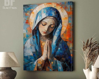Blessed Virgin Mary in Prayer Canvas, Marian Devotional Art, Christian Faith Wall Decor, Symbol of Peace and Holiness