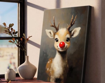 Rudolph Reindeer Oil Painting Canvas Poster, Whimsical Seasonal Wall Art, Playful Winter Home Décor, Festive Holiday Print, Christmas 2025