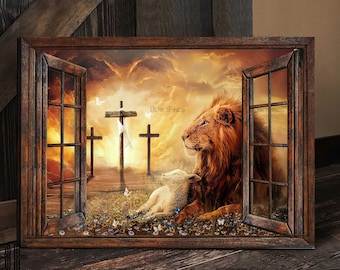 Lion of Judah Canvas, Lamb of God Artwork, Three Rugged Crosses Painting, Powerful Christian Wall Art, Inspirational Faith Home Decor 94