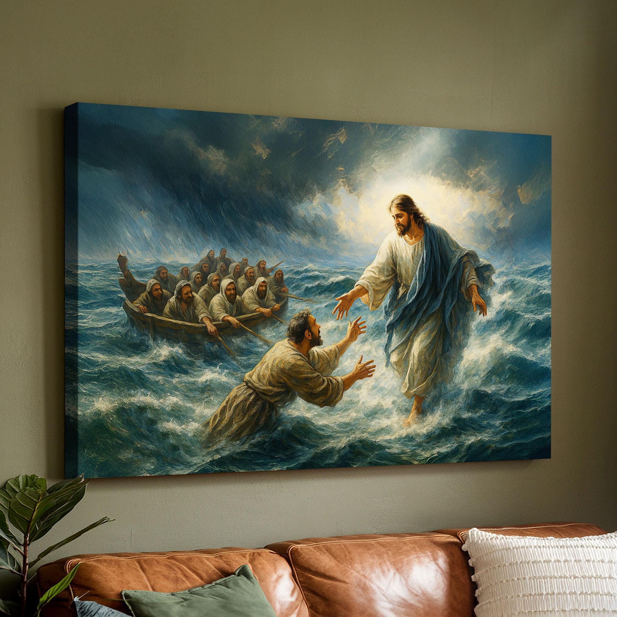 Jesus Walking on Water, Faith Over Fear Canvas, Jesus Rescues Peter at ...