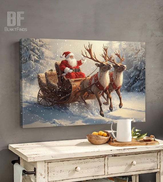 Santa Claus Sleigh Canvas - Christmas Wall Art with Reindeer, Snow Scene - Festive Holiday Home Decor, Xmas Gift Winter Wonderland Print 01