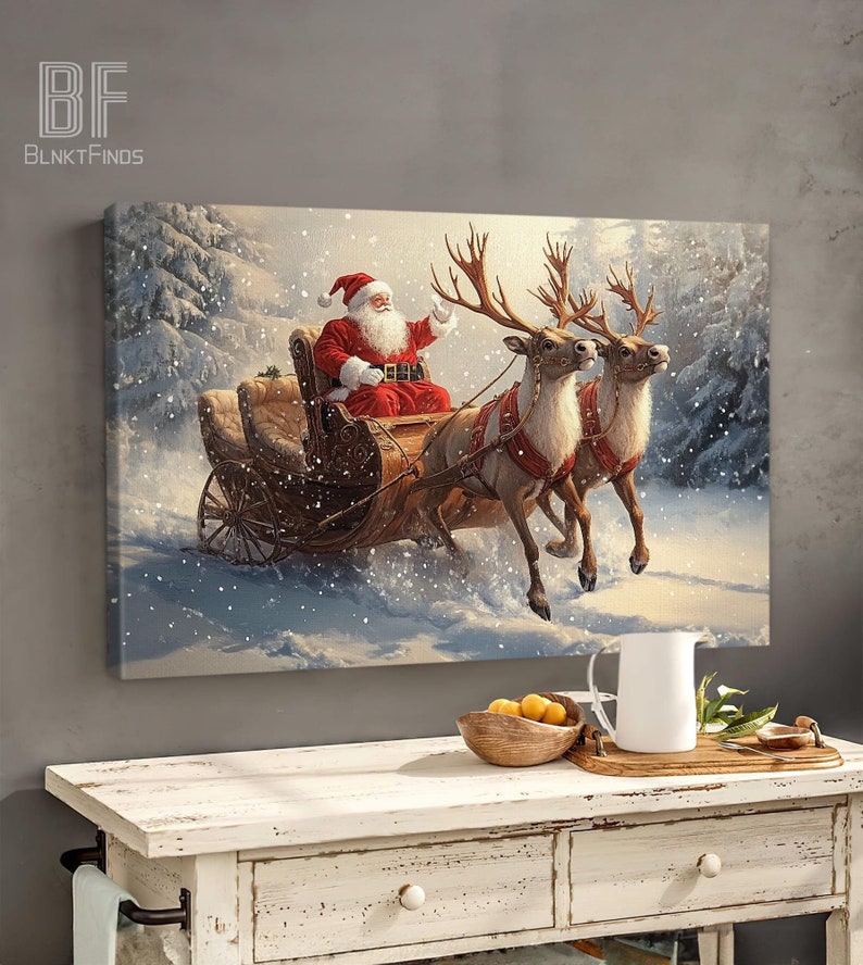 Santa Claus Sleigh Canvas - Christmas Wall Art with Reindeer, Snow Scene - Festive Holiday Home Decor, Xmas Gift Winter Wonderland Print 01 image 1