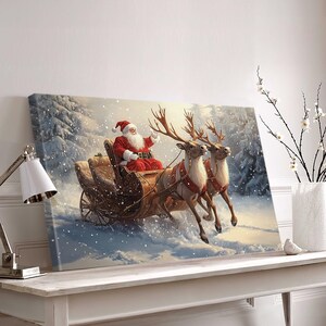 Santa Claus Sleigh Canvas - Christmas Wall Art with Reindeer, Snow Scene - Festive Holiday Home Decor, Xmas Gift Winter Wonderland Print 01 image 6