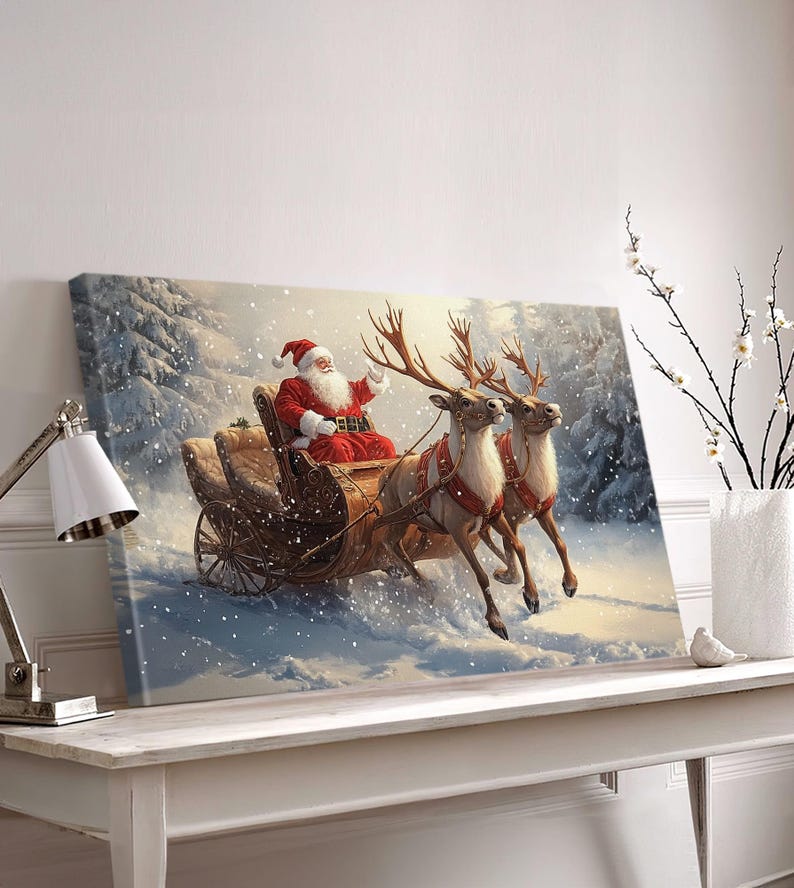 Santa Claus Sleigh Canvas - Christmas Wall Art with Reindeer, Snow Scene - Festive Holiday Home Decor, Xmas Gift Winter Wonderland Print 01 image 6
