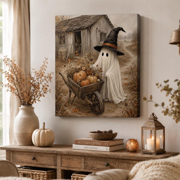 Halloween Wall Art Canvas, Vintage Rustic Ghost Decor, Personalized Fall Farmhouse Gift, Whimsical Autumn Home Decoration TTNT 830