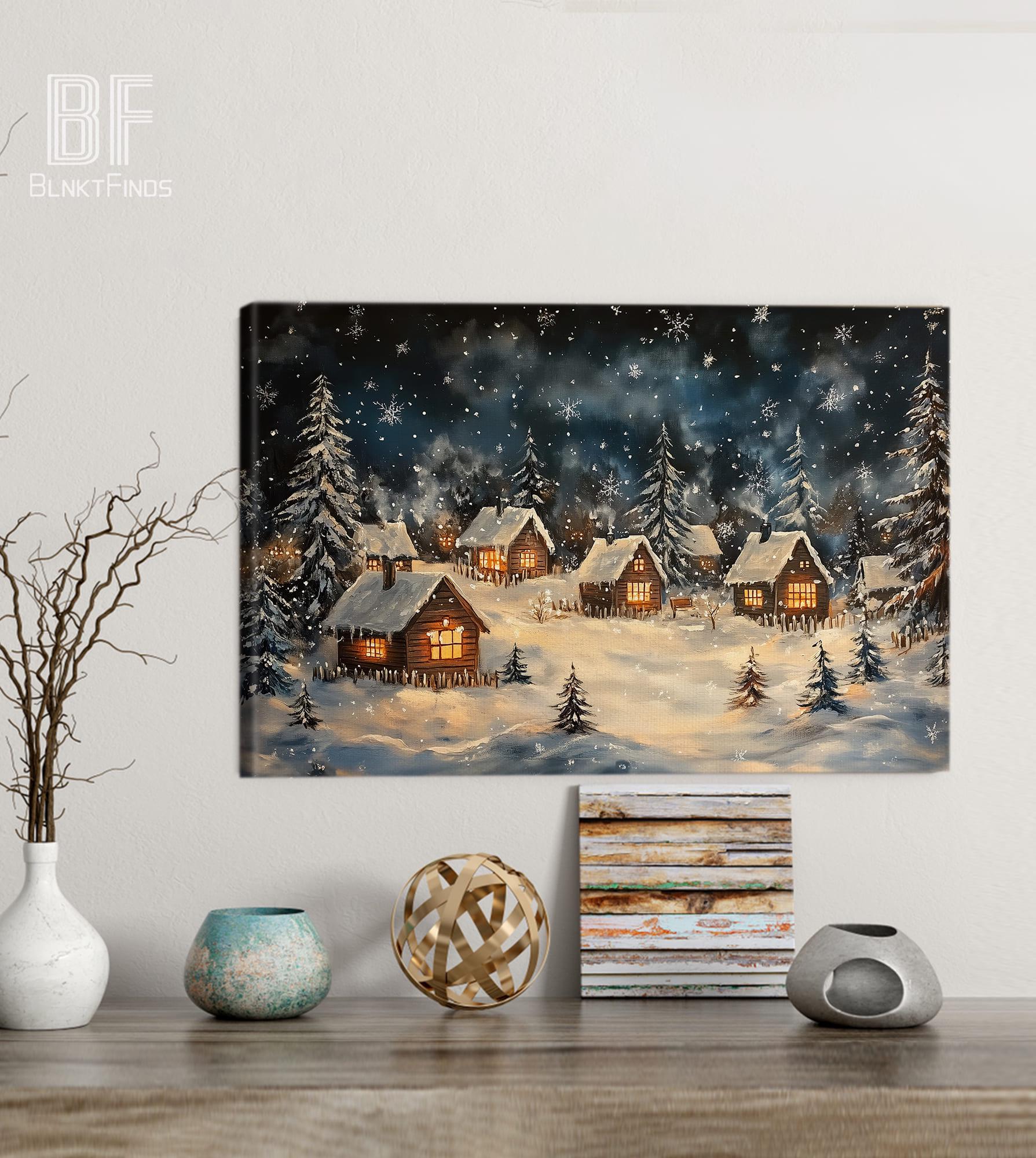 Snowy Cabin Village Canvas Wall Art - Winter Wonderland Scene ...