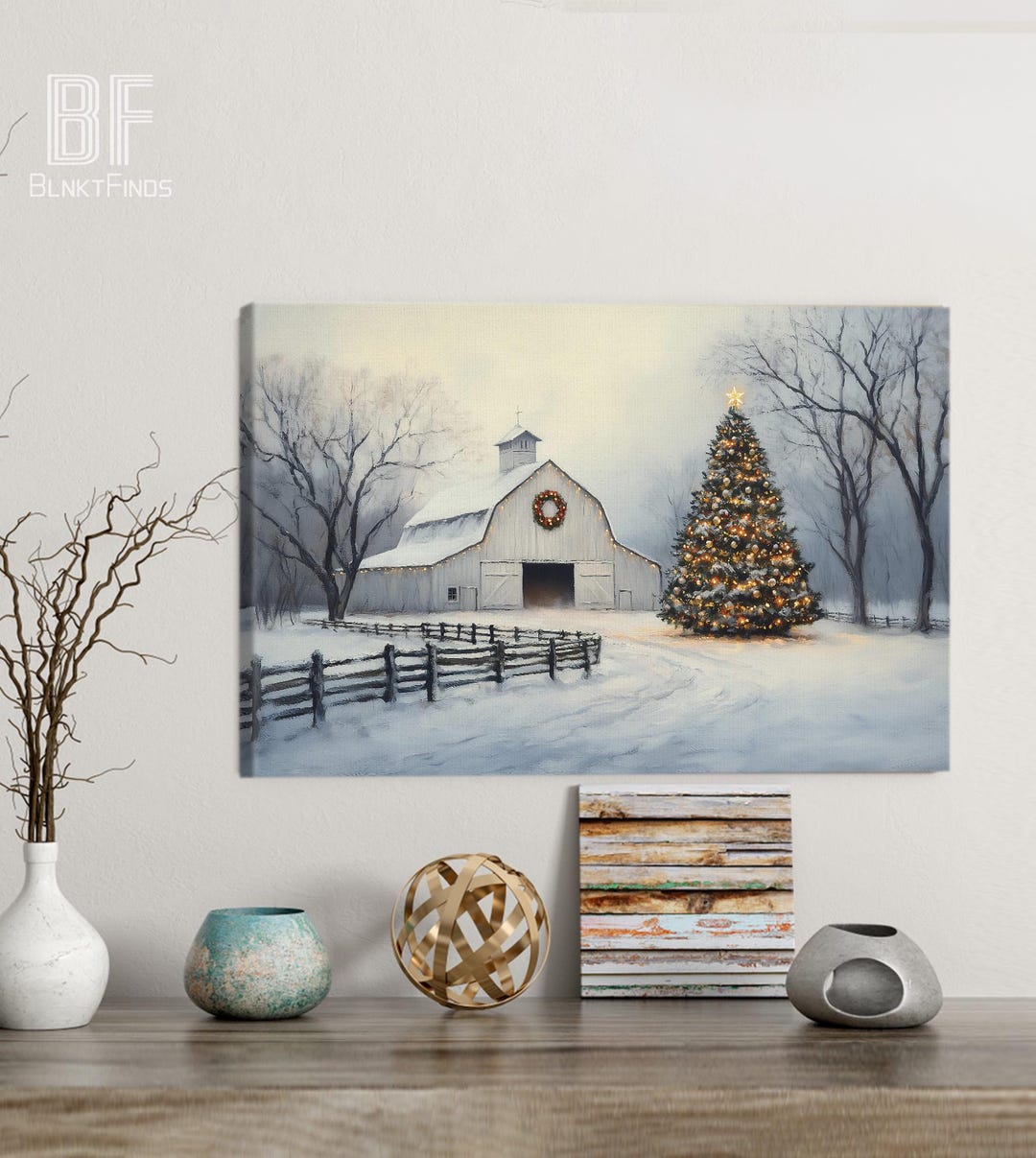 Cozy Christmas Barn Canvas, Rustic Farmhouse Tree Wall Art, Festive ...