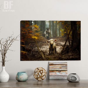 Jesus Leaves the 99 Minimalist Beige Abstract Canvas, Shepherd Fine Art Poster Canvas, Bible Oil Painting, Lost Sheep, Christian Faith