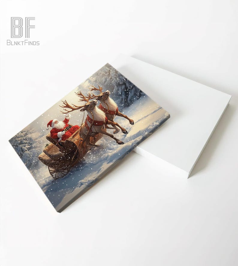 Santa Claus Sleigh Canvas - Christmas Wall Art with Reindeer, Snow Scene - Festive Holiday Home Decor, Xmas Gift Winter Wonderland Print 01 image 5