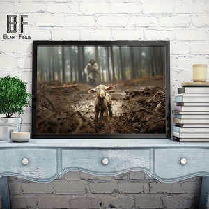 Lost Lamb Art DIGITAL Download File, Jesus Running After a Lost Lamb, Jesus Lamb of God, He Leaves The 99 To Rescue Me, Loss Sheep Art