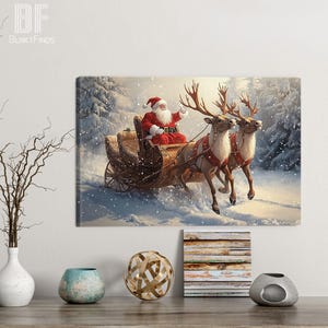 Santa Claus Sleigh Canvas - Christmas Wall Art with Reindeer, Snow Scene - Festive Holiday Home Decor, Xmas Gift Winter Wonderland Print 01 image 2