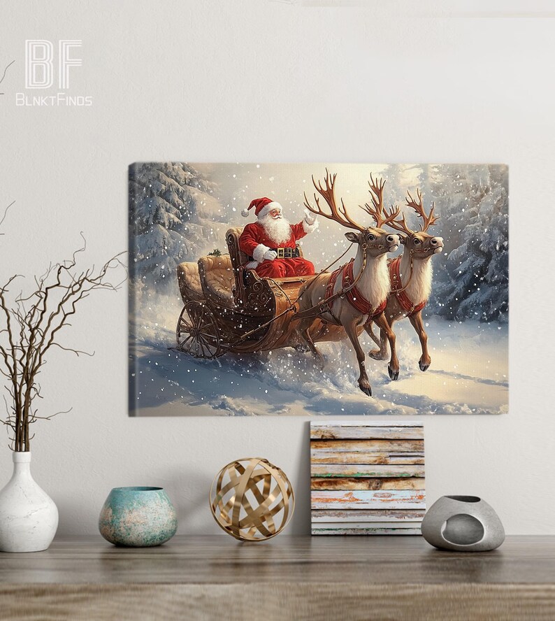 Santa Claus Sleigh Canvas - Christmas Wall Art with Reindeer, Snow Scene - Festive Holiday Home Decor, Xmas Gift Winter Wonderland Print 01 image 2