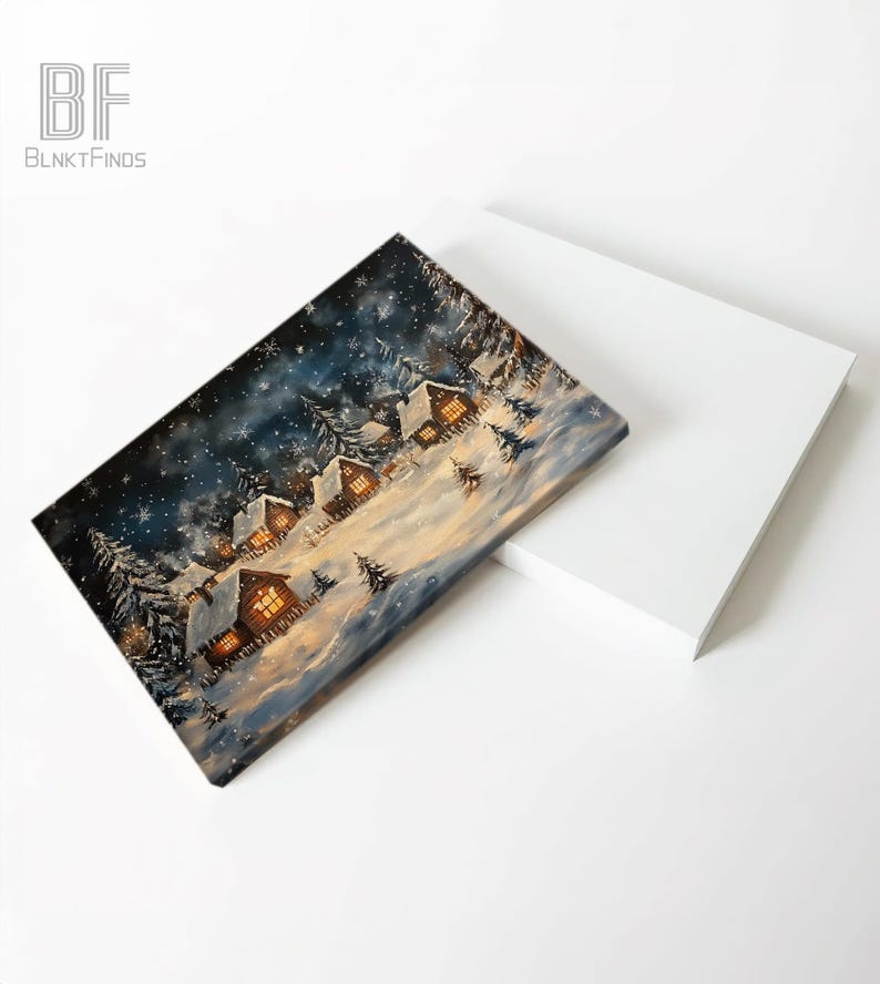 Snowy Cabin Village Canvas Wall Art - Winter Wonderland Scene ...
