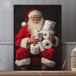 Santa Bathroom Canvas Wall Art, Funny Christmas Decor, Festive Holiday Painting, Santa Claus Art, Holiday Seasonal Wall Decor