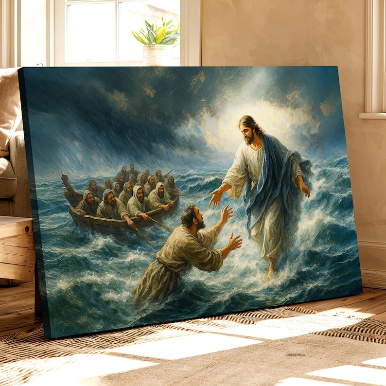 Jesus Walking on Water, Faith Over Fear Canvas, Jesus Rescues Peter at ...