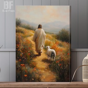 Jesus Leaves the 99 Canvas Art, Inspirational Oil Painting of Jesus and Lamb, Faith-Based Christian Home Decor