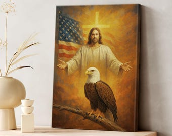 Patriotic Christian Canvas, Jesus with Eagle and American Flag Wall Art, 4 of July Independence Day Religious Farmhouse Decor Poster 0457