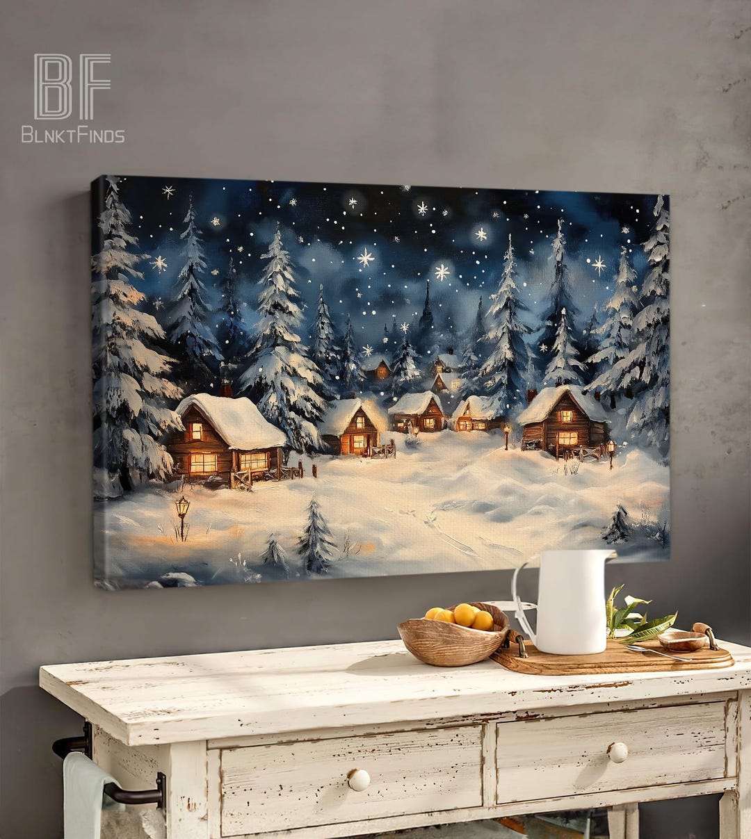 Snowy Cabin Village Canvas Wall Art - Winter Wonderland Scene ...
