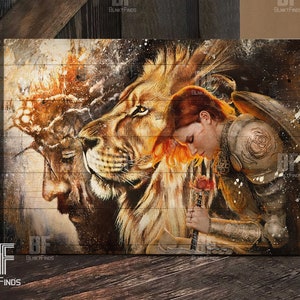 Female knight, Lion and Jesus art Canvas, Praying to Jesus, Lion of Judah Art Canvas, Home Decor - Christian Wall Art 57