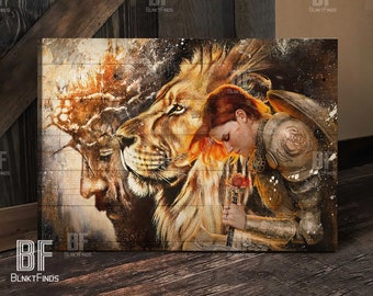 Female knight, Lion and Jesus art Canvas, Praying to Jesus, Lion of Judah Art Canvas, Home Decor - Christian Wall Art 57