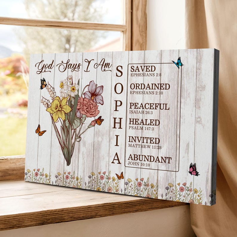 God Says I Am Canvas, Custom Bible Verse Name Sign, Floral Christian ...