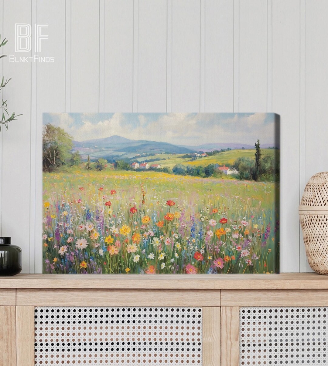 Wildflower Field Oil Painting Canvas, Nature Landscape Wall Art Print ...
