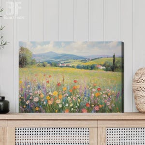 Wildflower Field Oil Painting Canvas, Nature Landscape Wall Art Print, Framed Large Gallery Art, Floral Home Decor