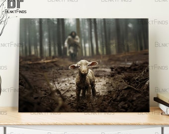 Lost Lamb Art Canvas, Jesus Running After a Lost Lamb Art, Jesus Lamb of God, Jesus and Lamb No Words, Jesus and Lamb Art Canvas