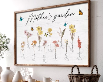 Personalized Mother's Garden Poster, Custom Birth Flower Family Names, Mother’s Day Gift for Mom Grandma, Floral and Butterfly Nb 0345P