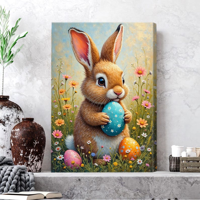 Charming Whimsical Easter Bunny Rabbit Canvas Wall Art Hand-painted ...