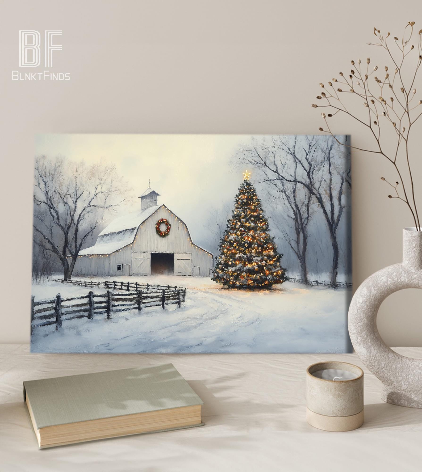 Cozy Christmas Barn Canvas, Rustic Farmhouse Tree Wall Art, Festive ...