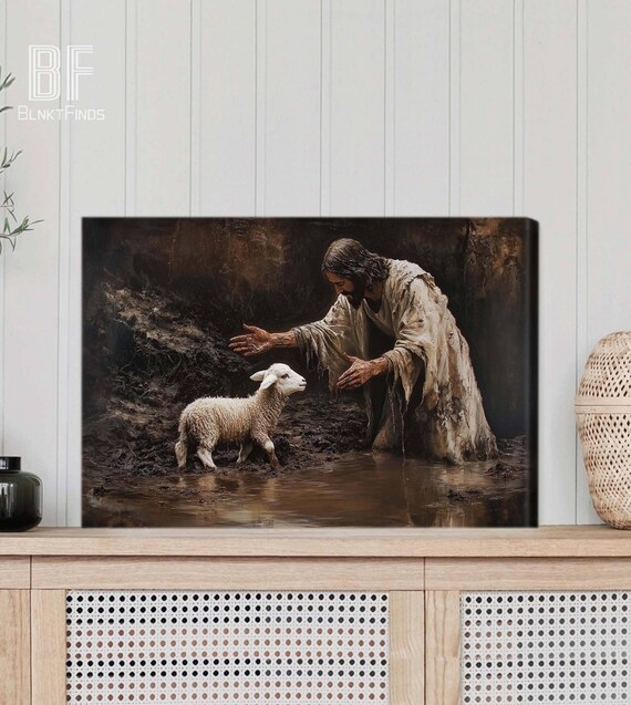 Jesus Rescuing Lost Lamb Canvas, Spiritual Christian Art