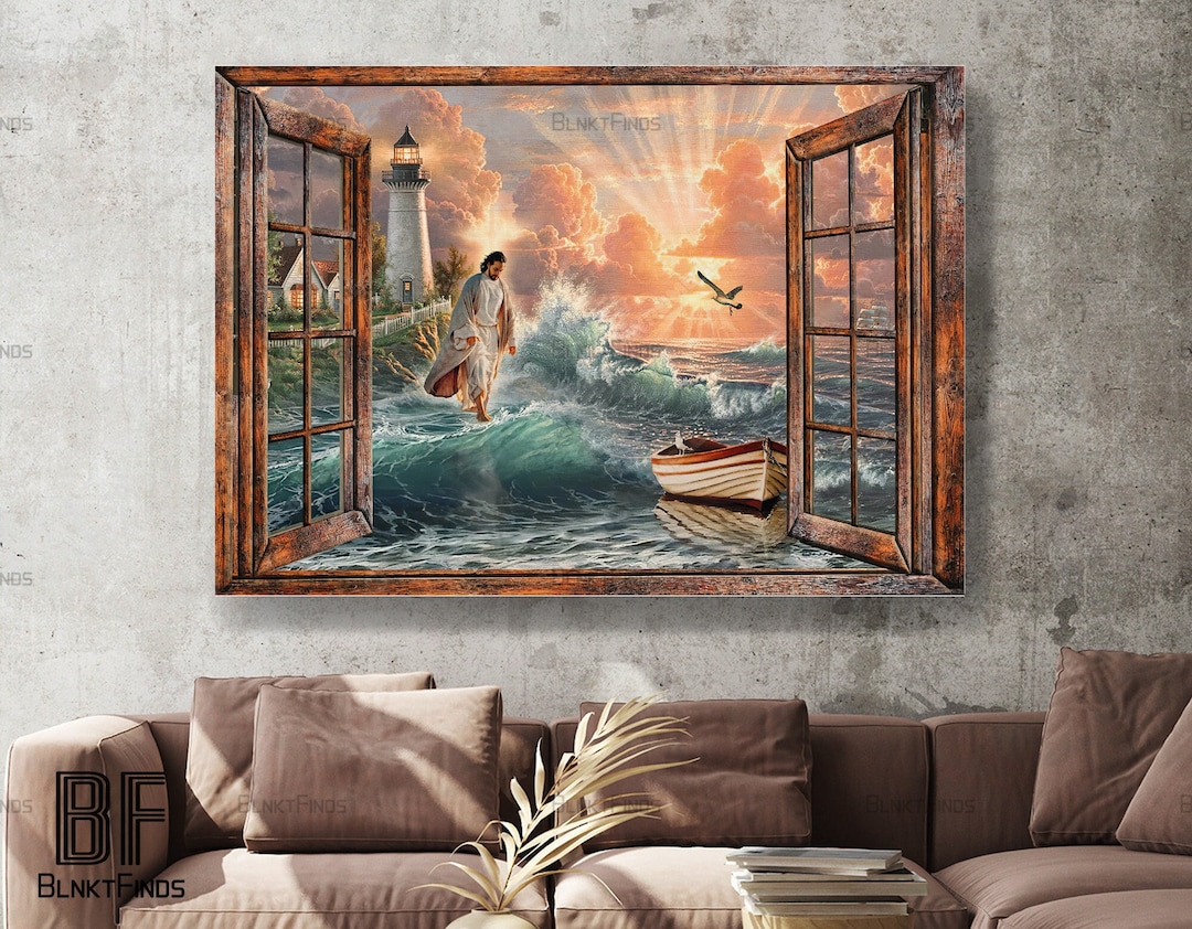 Jesus Walks on Water Painting, Vintage Window Framge, Lighthouse on the ...